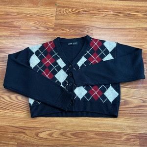 Drop shoulder button front argyle cardigan
